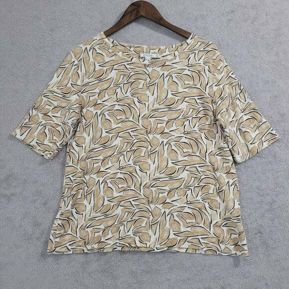 Chico's Womens Leaf Print Top 2/ L Pima Cotton Beige Black JCT - Picture 1 of 6